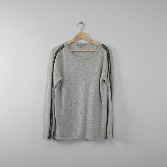 Neiman Marcus Women's 100% Cashmere Sweater L Grey Preppy Trim Beaded 366 - Picture 1 of 8